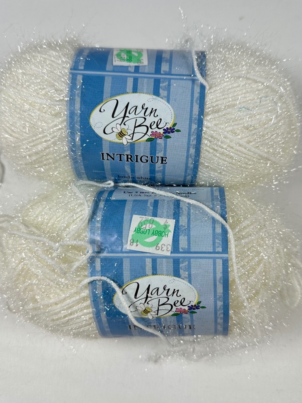 Yarn Bee Intrigue Color Bright White #170 Lot of 2 Skeins Sparkly Glittery